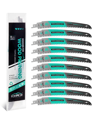 LEKOMESH 9" Japanese Teeth Reciprocating Saw Blades Wood Pruning - 10pcs Curved Edge 6TPI for Tree Trimming, Wood/PVC Pipe Cutting, Cr-V Sabre Blades Better Wear Resistance