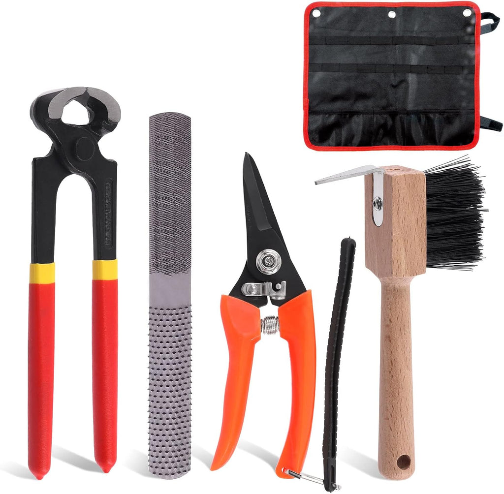 5Pcs Professional Farrier Tool Kit, Hoof Nippers Hoof Rasp Hoof Trimming Shears Hoof Brush with Storage Bag Kit, Rasp
