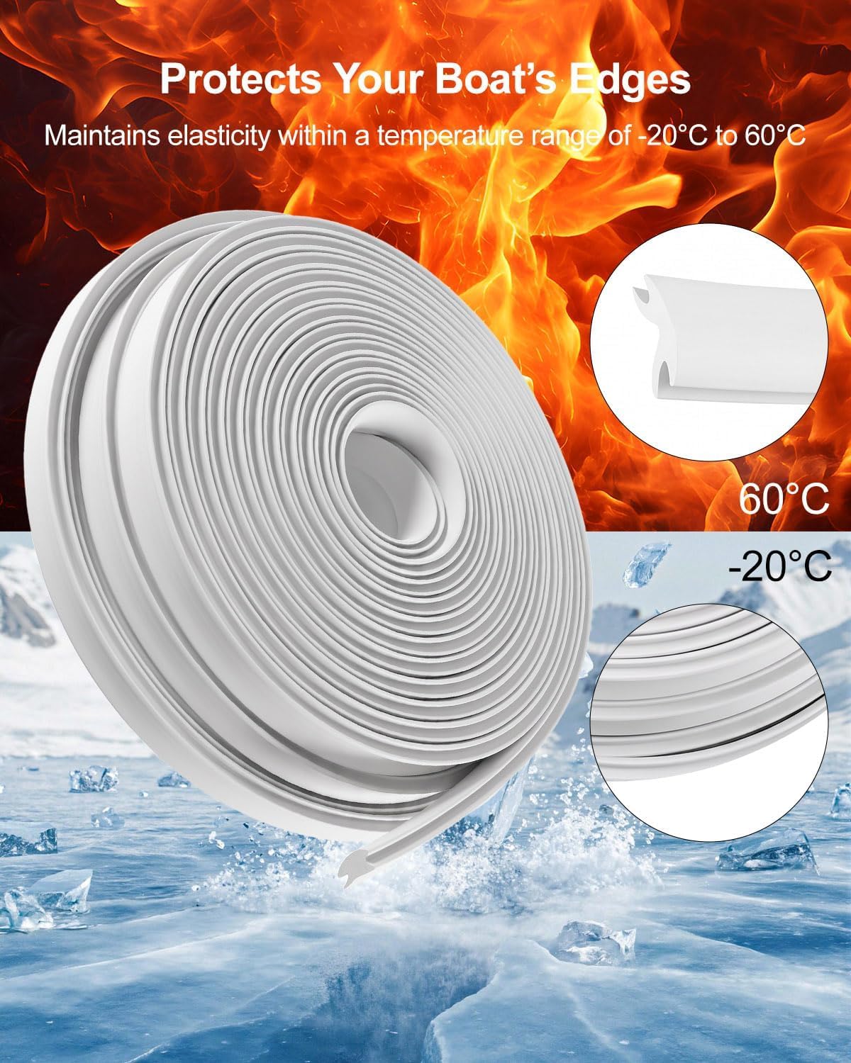 50.85 FT White Rub Rail Vinyl Insert, 3/4 x 3/8 Inch Boat Edge Protection