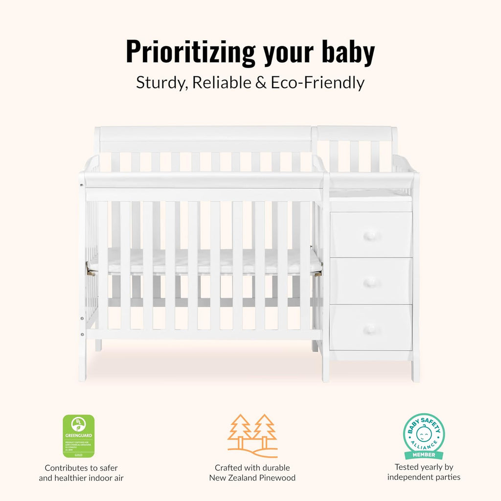 Jayden 4‑in‑1 Mini Convertible Baby Crib & Changer with Storage in White, Pinewood, GreenGuard Gold & BSA, 1”