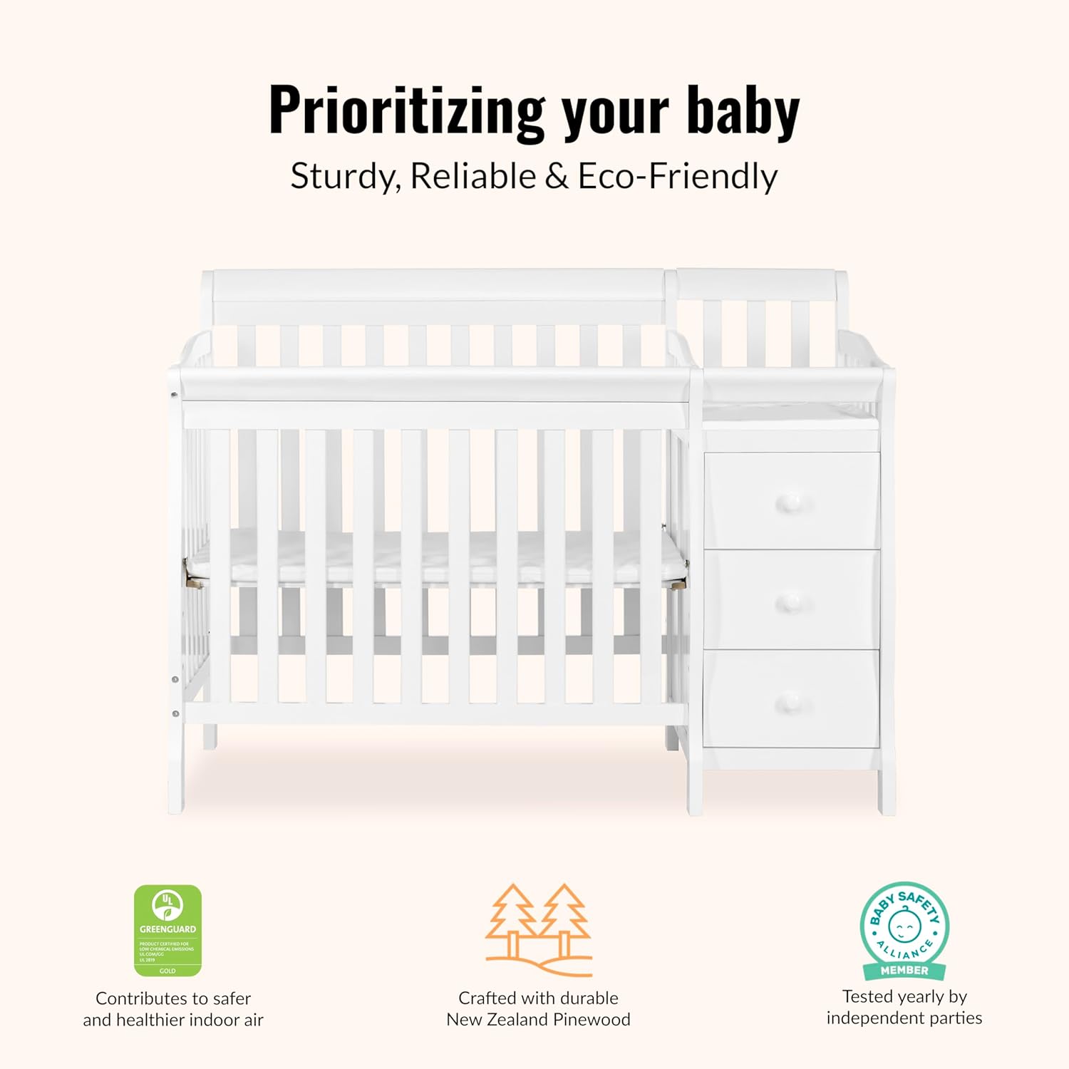 Jayden 4‑in‑1 Mini Convertible Baby Crib & Changer with Storage in White, Pinewood, GreenGuard Gold & BSA, 1”