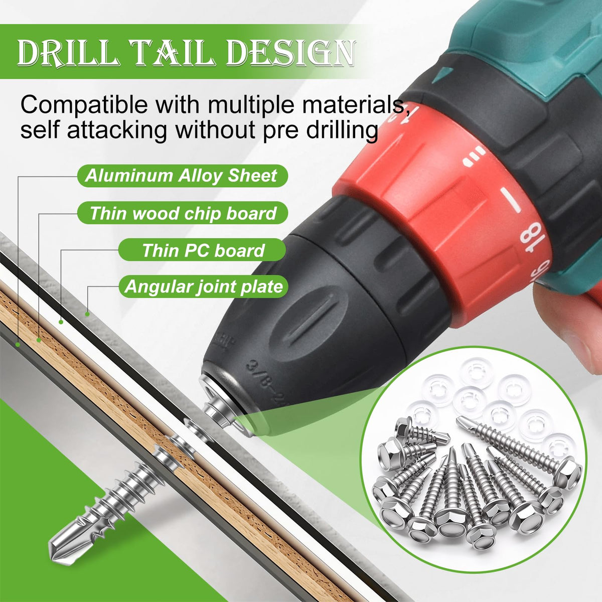 300PCS #8#10 Self Tapping Screws for Metal,410 Stainless Steel