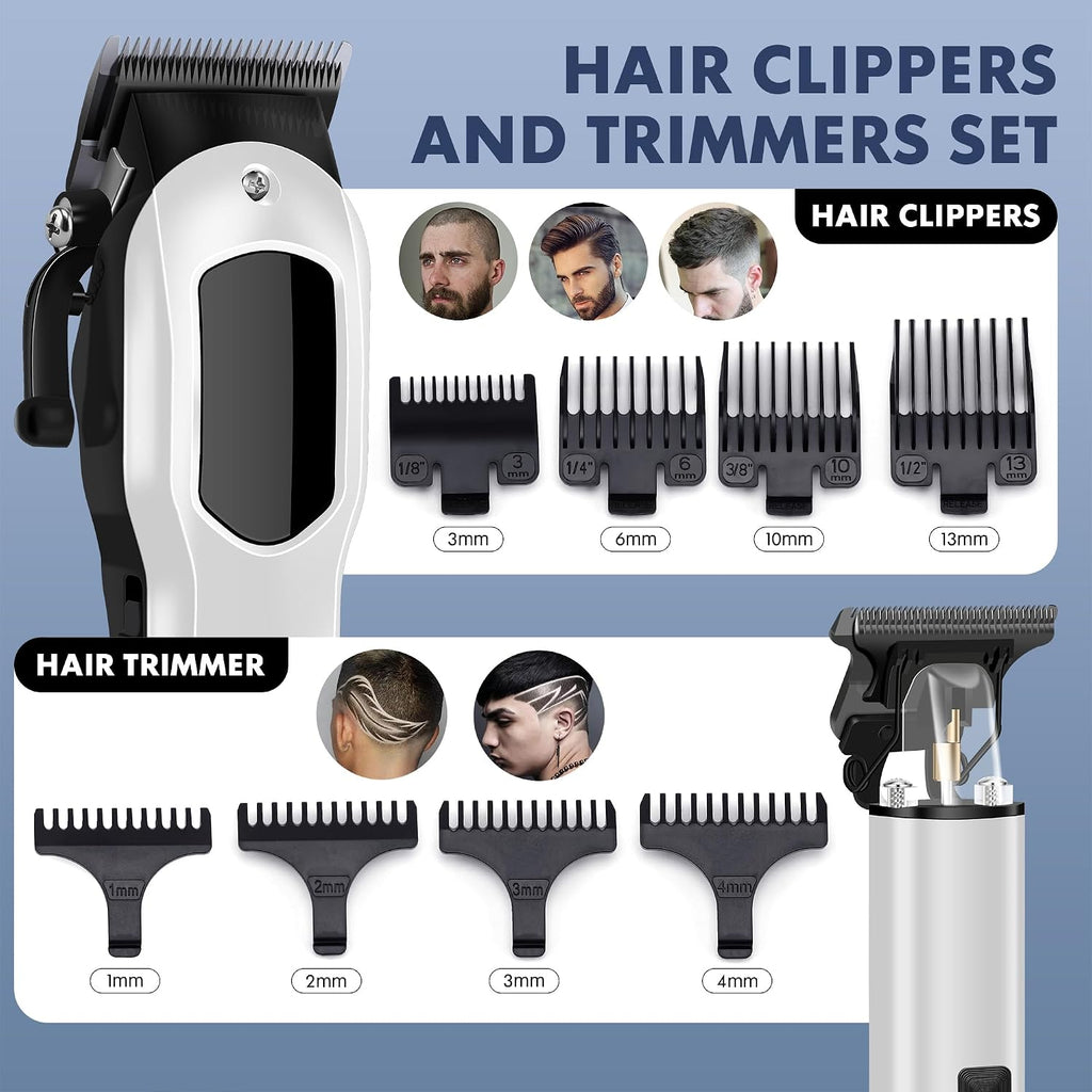 Hair Clippers for Men, Cordless Clipper & Trimmer Set with 8 Guide Combs, LED Display, USB-C Rechargeable Grooming