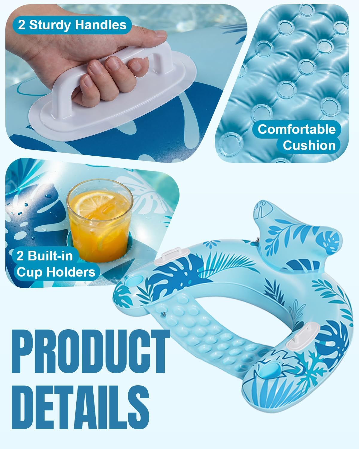 Floating Pool Lounger with Cup Holders & Ergonomic Headrest | Inflatable Water Chair for Pool Parties, Lake, Ocean