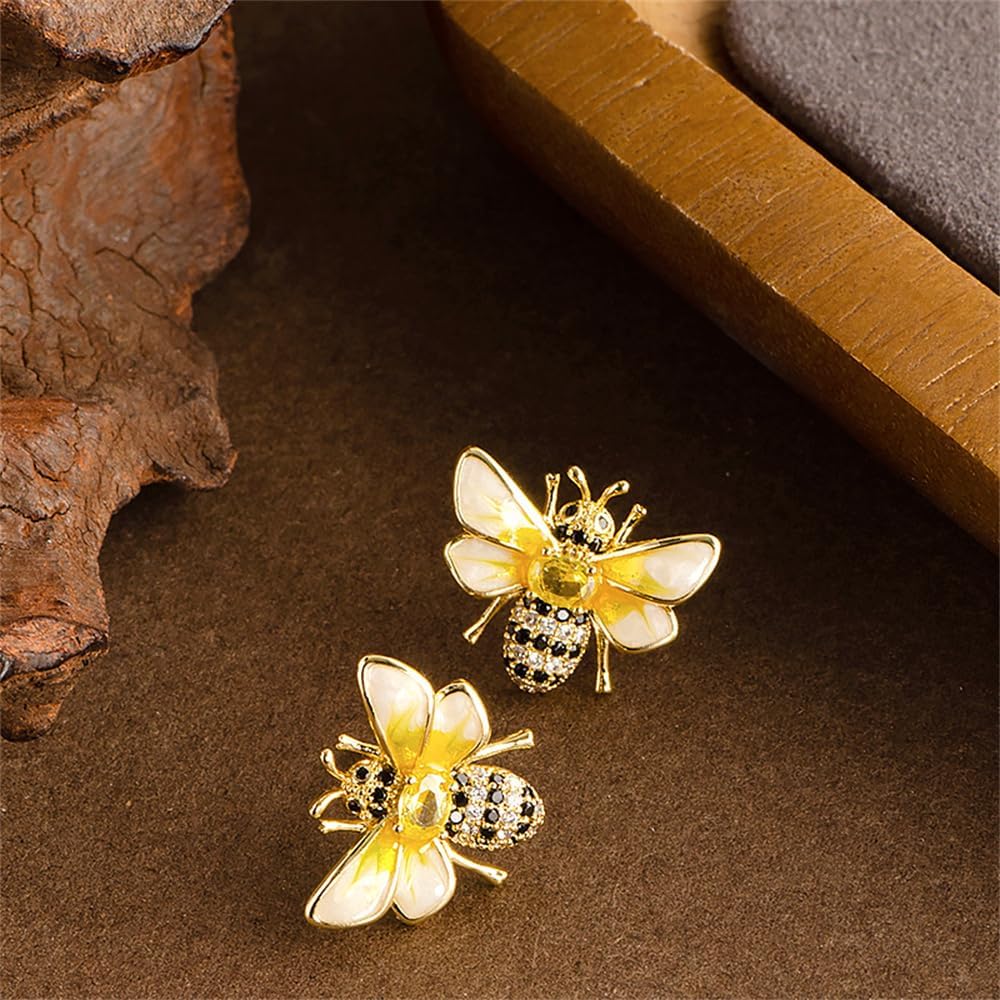 Dainty Honeybee Stud Earrings Sterling Silver Post Studs Cubic Zriconia Rhinestone Bee Insects Animal Cartilage
