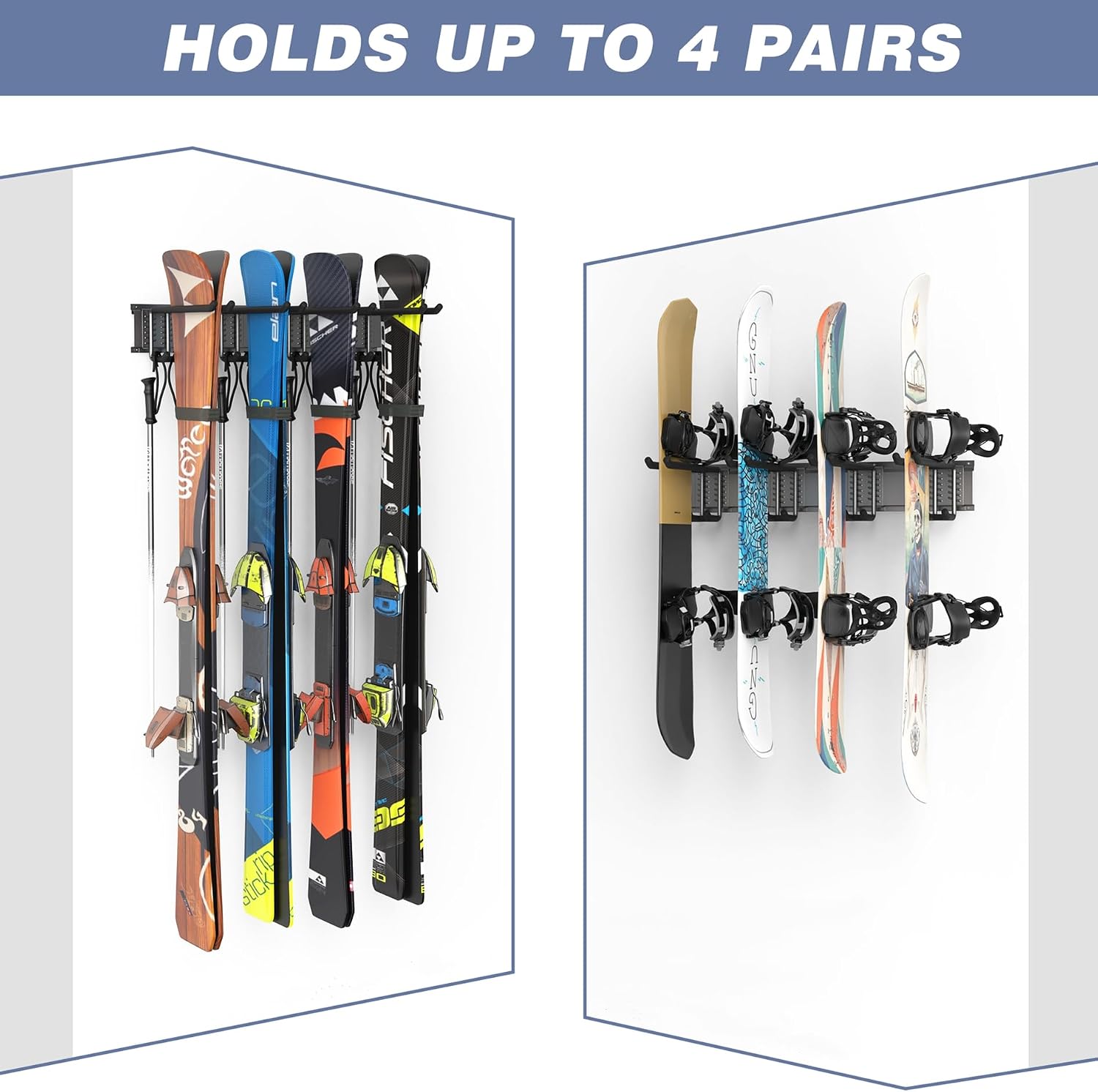 Garage Storage Organization Wall Ski Rack 4 Pairs of Skis | Wall Mount Ski Hanger for Garage, Home, Snowboard Wall