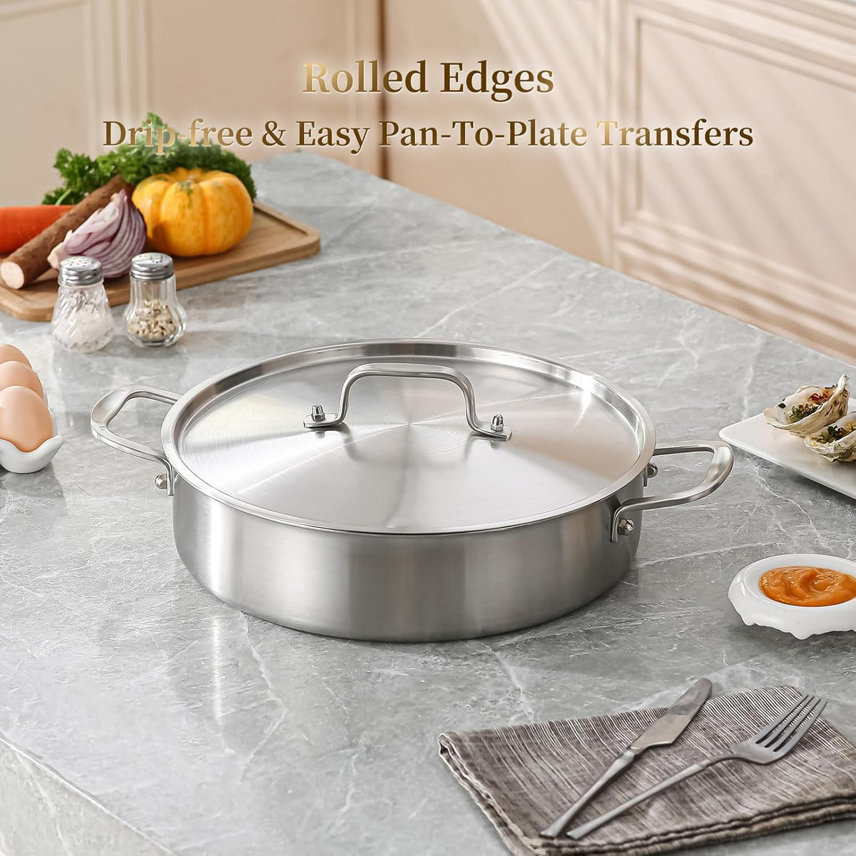 Tri-Ply Stainless Steel 6 Quart Braiser Pan with Lid