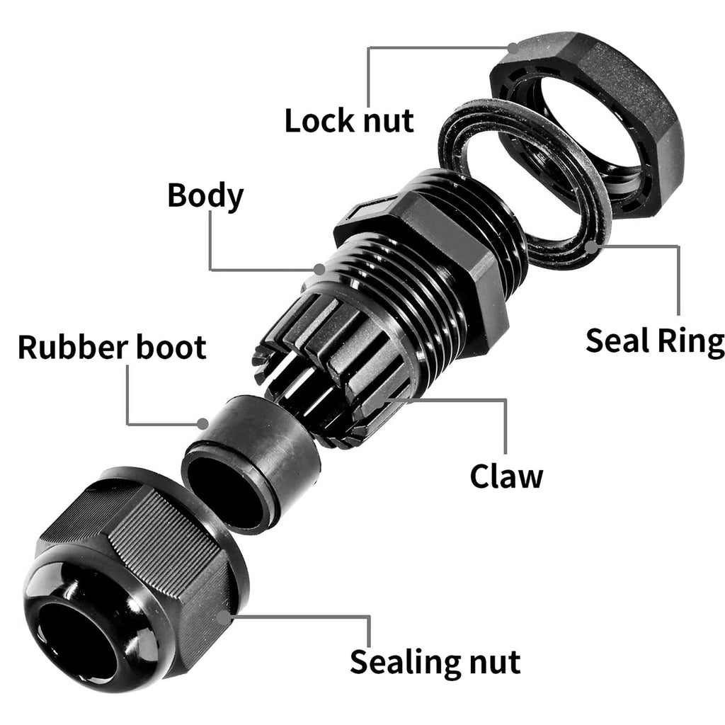 Bonsicoky 1/2" NPT Nylon Cable Glands, Black, 10 Pcs