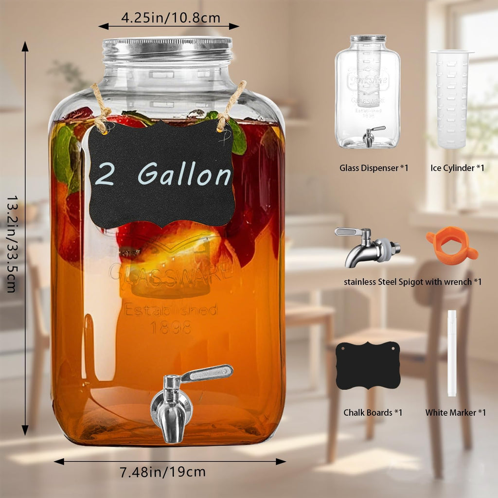 2 Gallon Glass Drink Dispenser with Stainless Steel Spigot,1 Pack Glass Beverage Dispenser Water Lemonade Dispensers