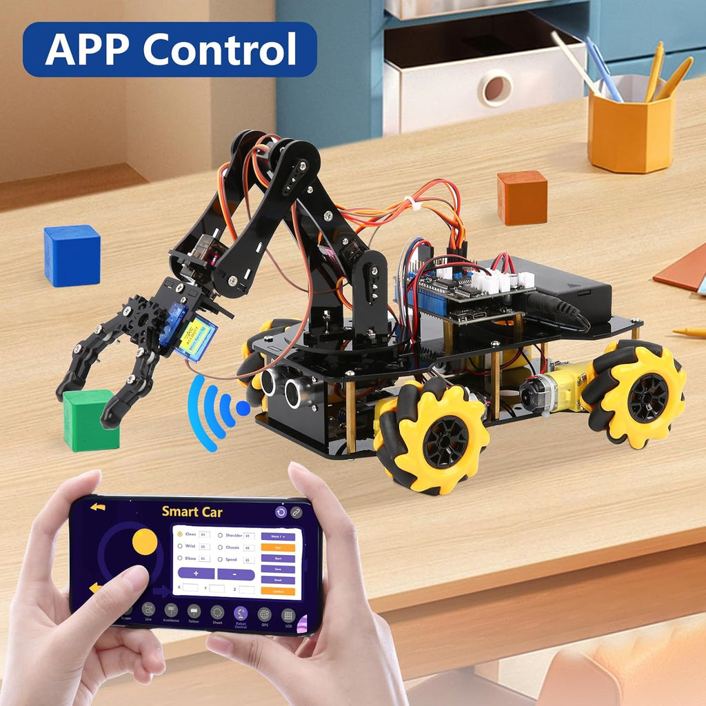 5DOF Smart Robot Arm Car Kit, 4WD Remote Control Car Compatible with Arduino/Python/Blockly Programming Project/STEM