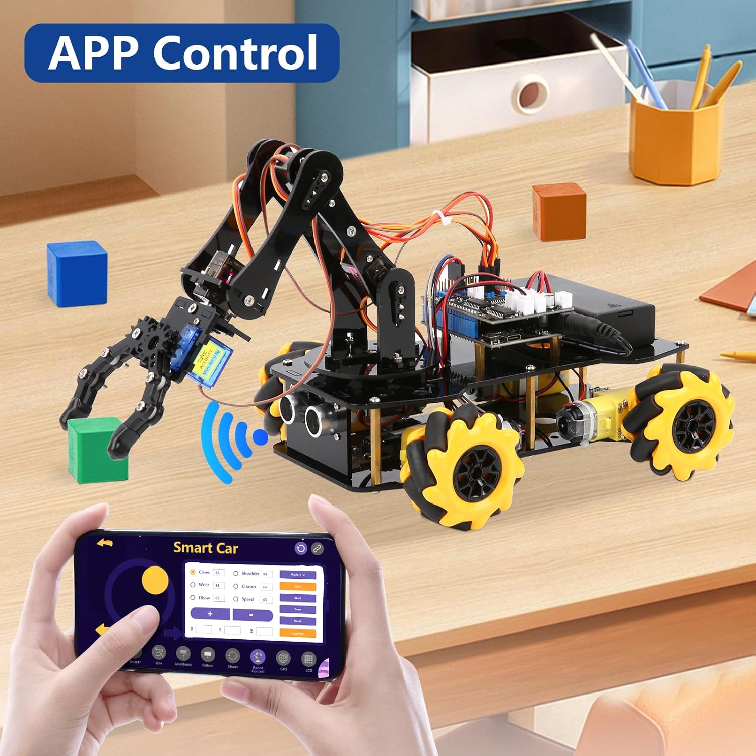 5DOF Smart Robot Arm Car Kit, 4WD Remote Control Car Compatible with Arduino/Python/Blockly Programming Project/STEM
