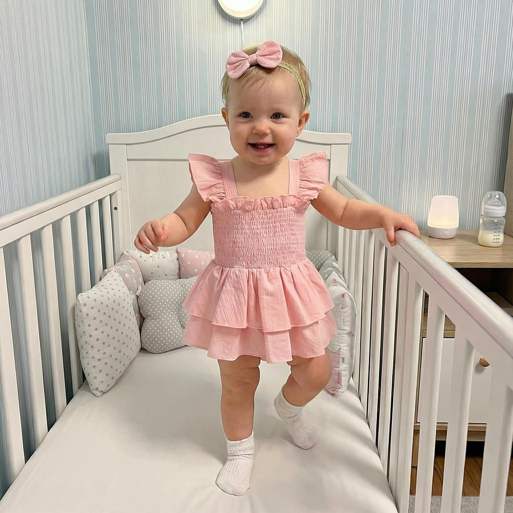 Newborn Baby Girls Summer Clothes Ruffle Sleeveless Pleated Smocked Bubble Romper Dresses Infant Bodysuit Jumpsuit