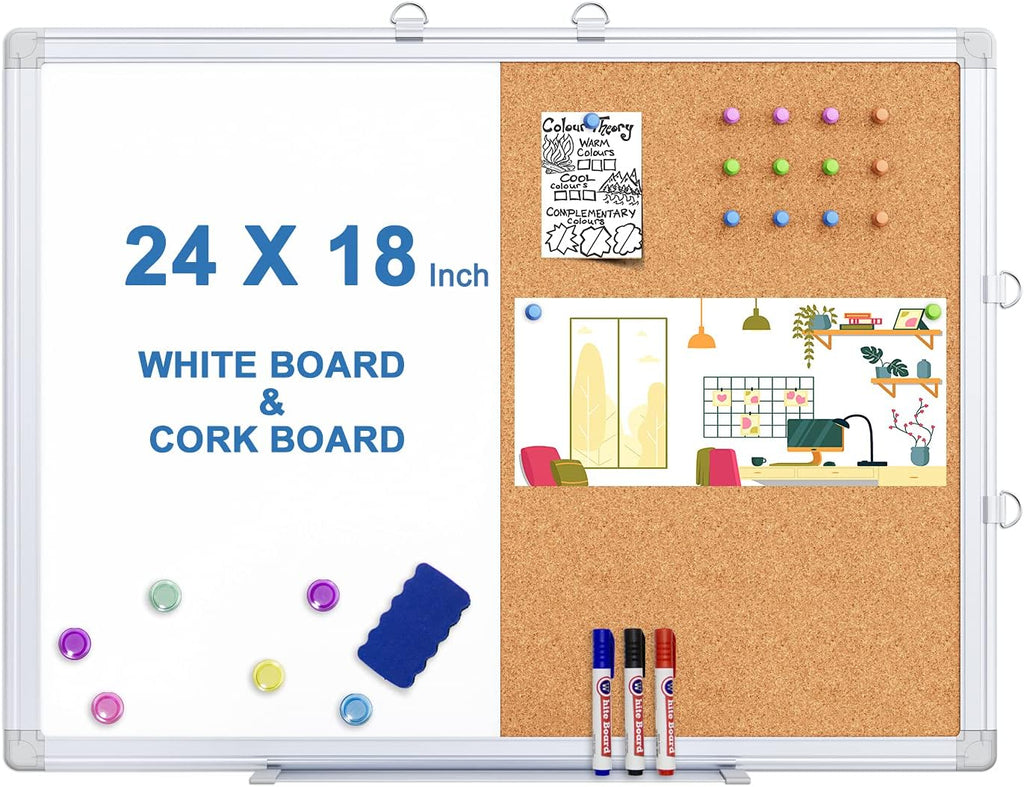 Magnetic White Board and Cork Board Combo, 24 X 18 inches Whiteboard Bulletin Combination Board, Wall Mounted Dry