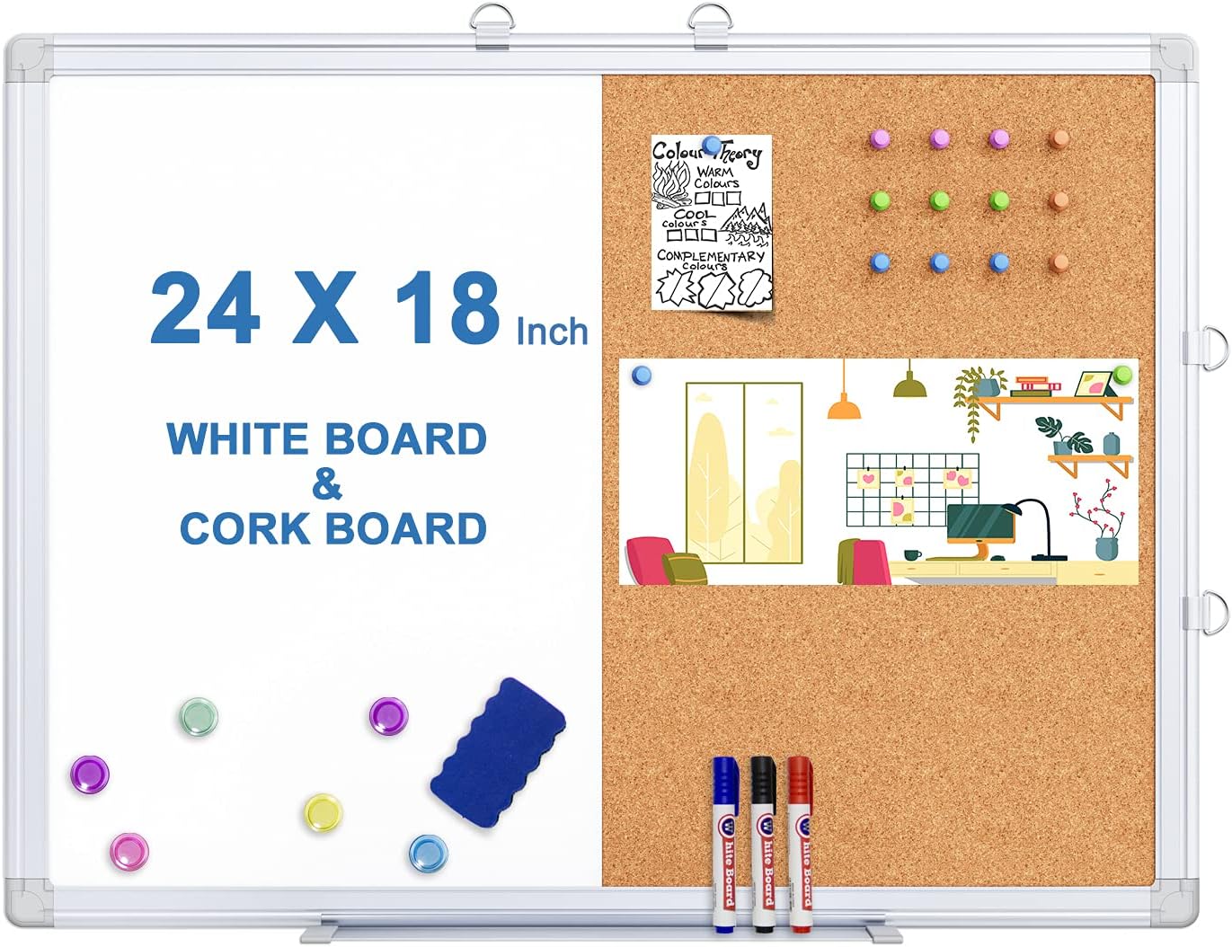 Magnetic White Board and Cork Board Combo, 24 X 18 inches Whiteboard Bulletin Combination Board, Wall Mounted Dry