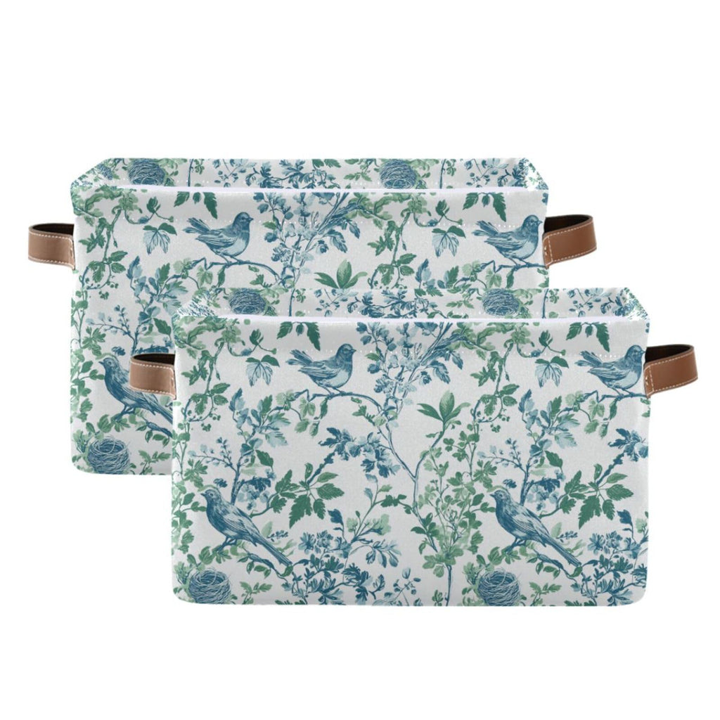 Chinoiserie Flower Bird Canvas Basket Storage Bin with PU Handle