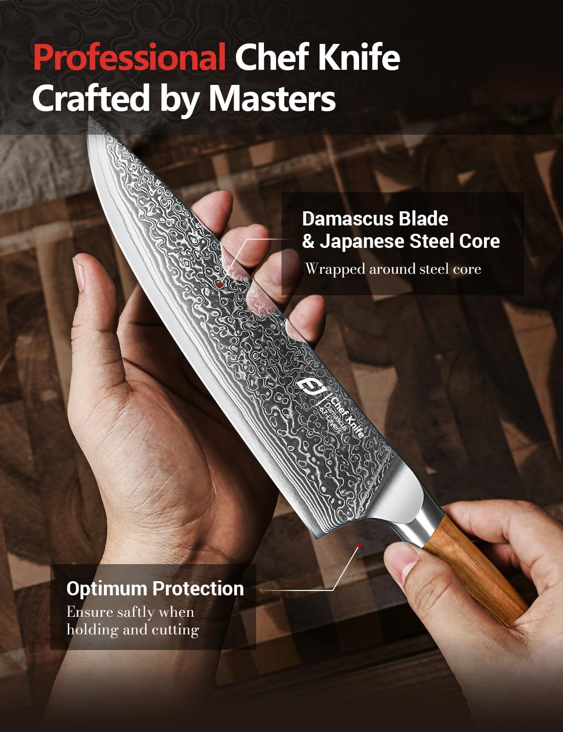 3-Piece Japanese Damascus Steel Knife Set, Olive Wood Handle & Box