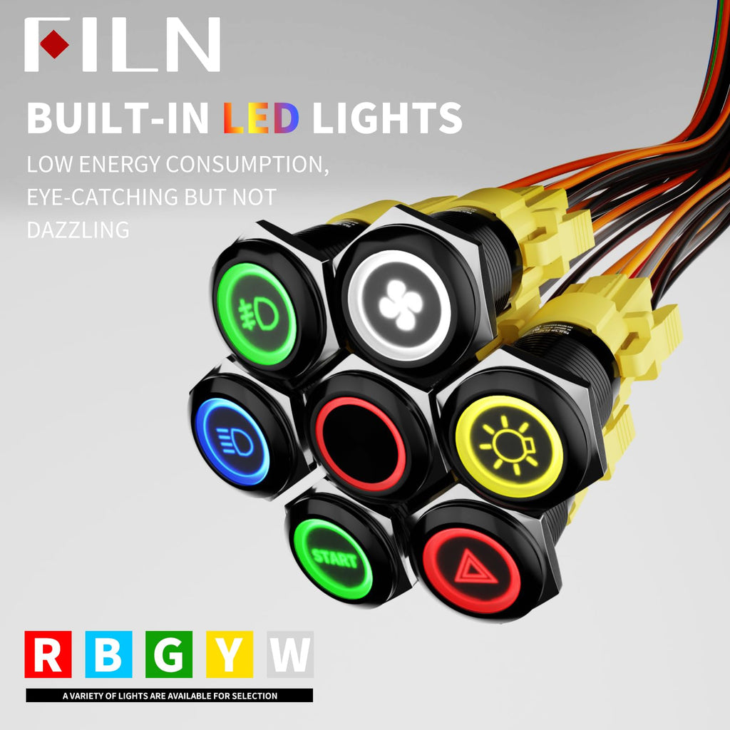 FILN 2Pcs 19mm 0.74" White LED Latching Symbols Push Button Switch 12V DC