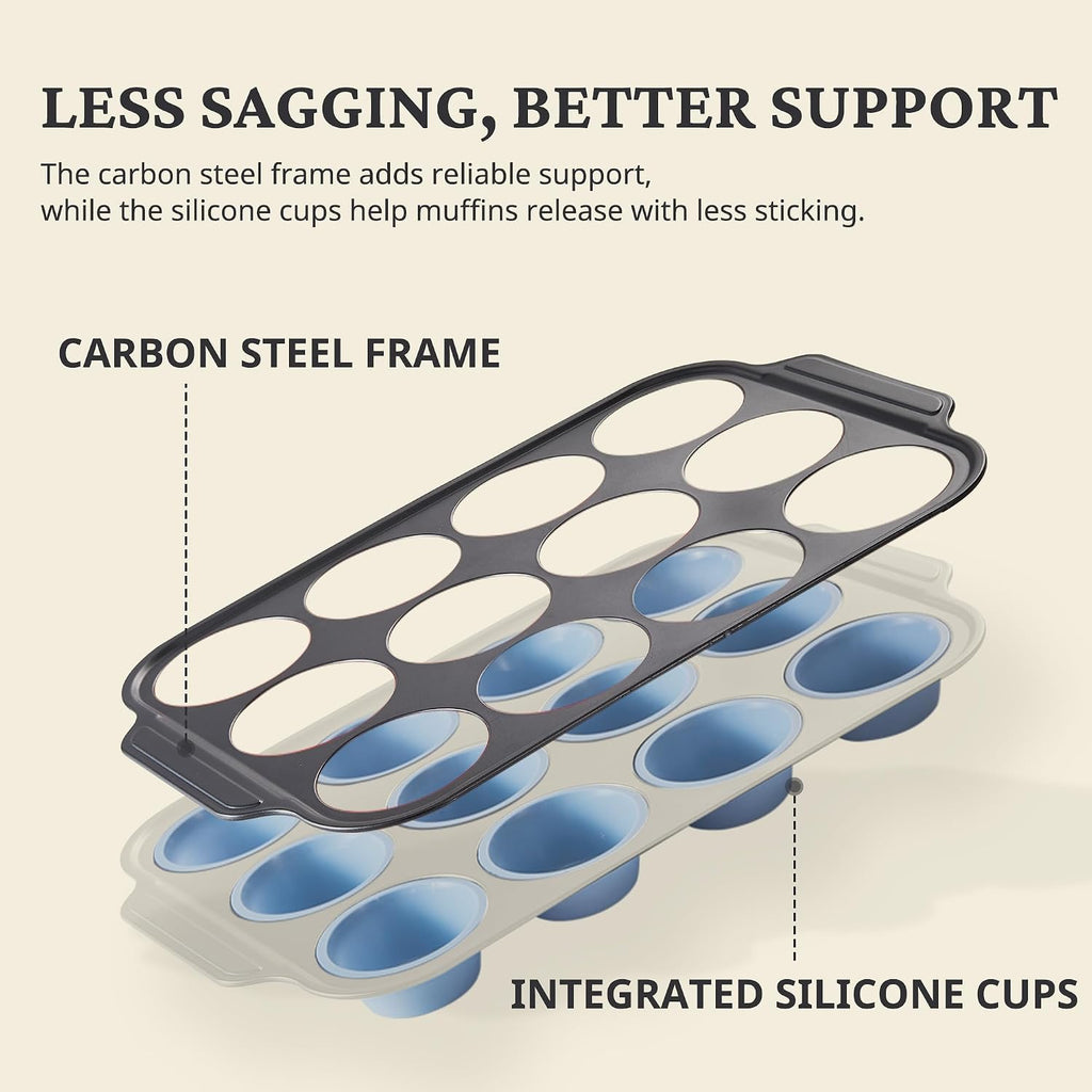 Silicone Muffin Pans for Baking with Metal Frame, Egg Bite Molds, 12-Cup Regular Size Cupcake Pan, Easy-Release