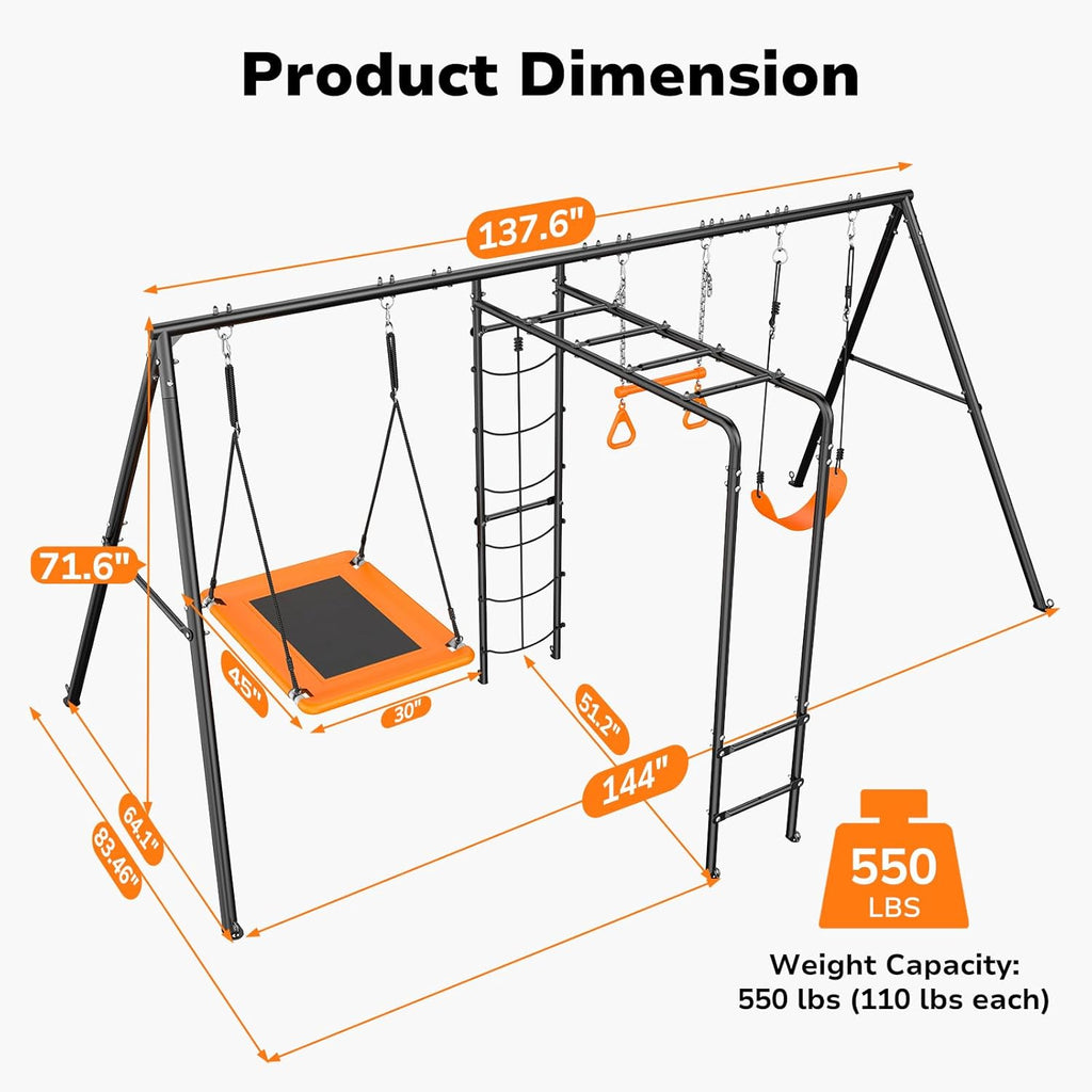 Swing Sets for Backyard with Monkey Bars, Belt Swing, Platform Swing, Climbing Net, Trapeze Bar, Outdoor Playset for
