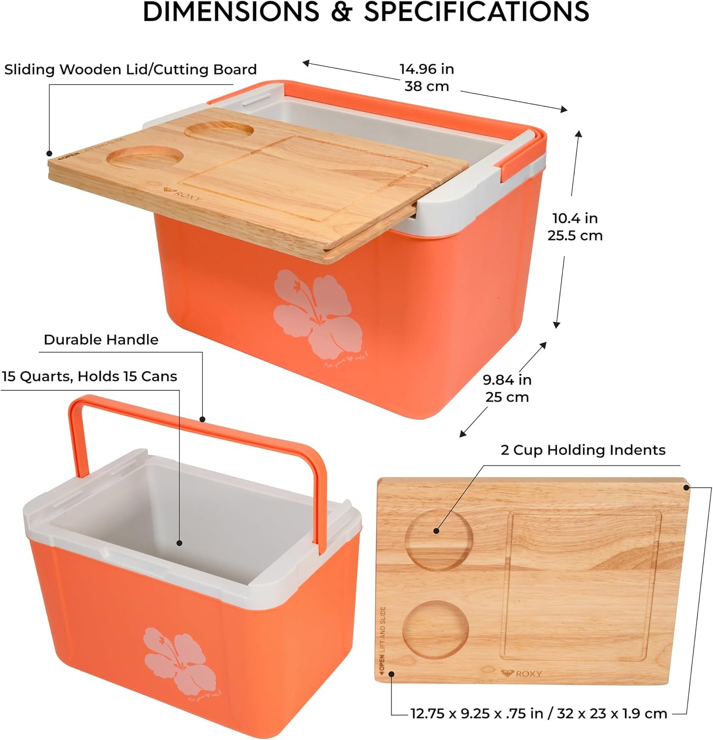 15 Quart Cooler with Sliding Wooden Lid and Cutting Board, Portable Insulated Hard Cooler for Beach, Picnic, Travel