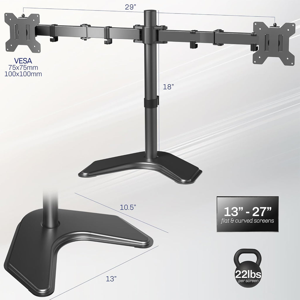 STAND-V002F Dual LED LCD Monitor Free-Standing Desk Stand for 2 Screens up to 27 Inch Heavy-Duty Fully Adjustable
