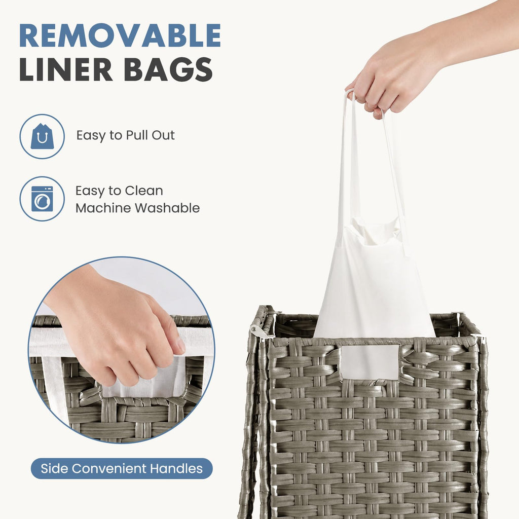 Laundry Basket with Lid, 65L Wicker Laundry Hampers, Dove Gray