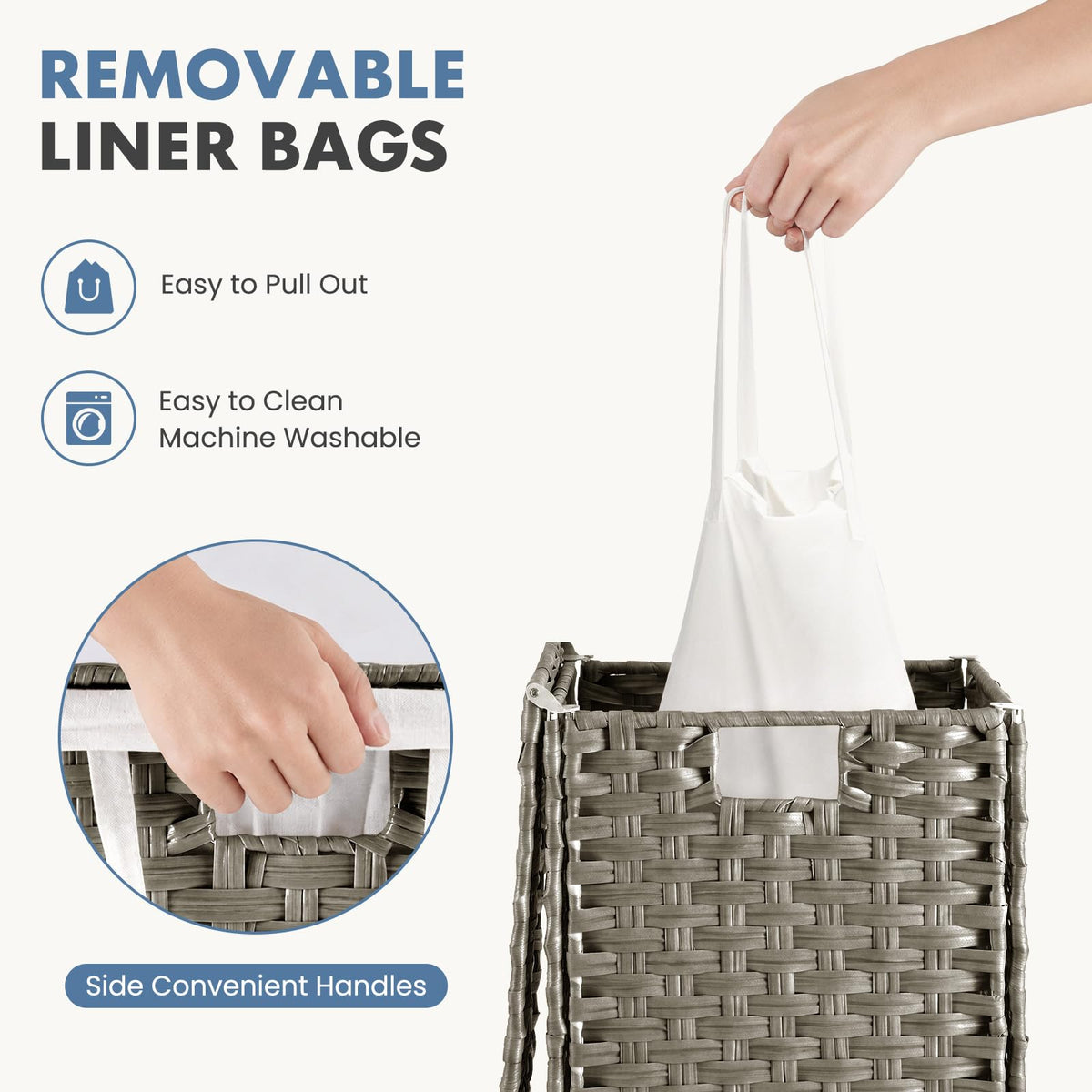 Laundry Basket with Lid, 65L Wicker Laundry Hampers, Dove Gray