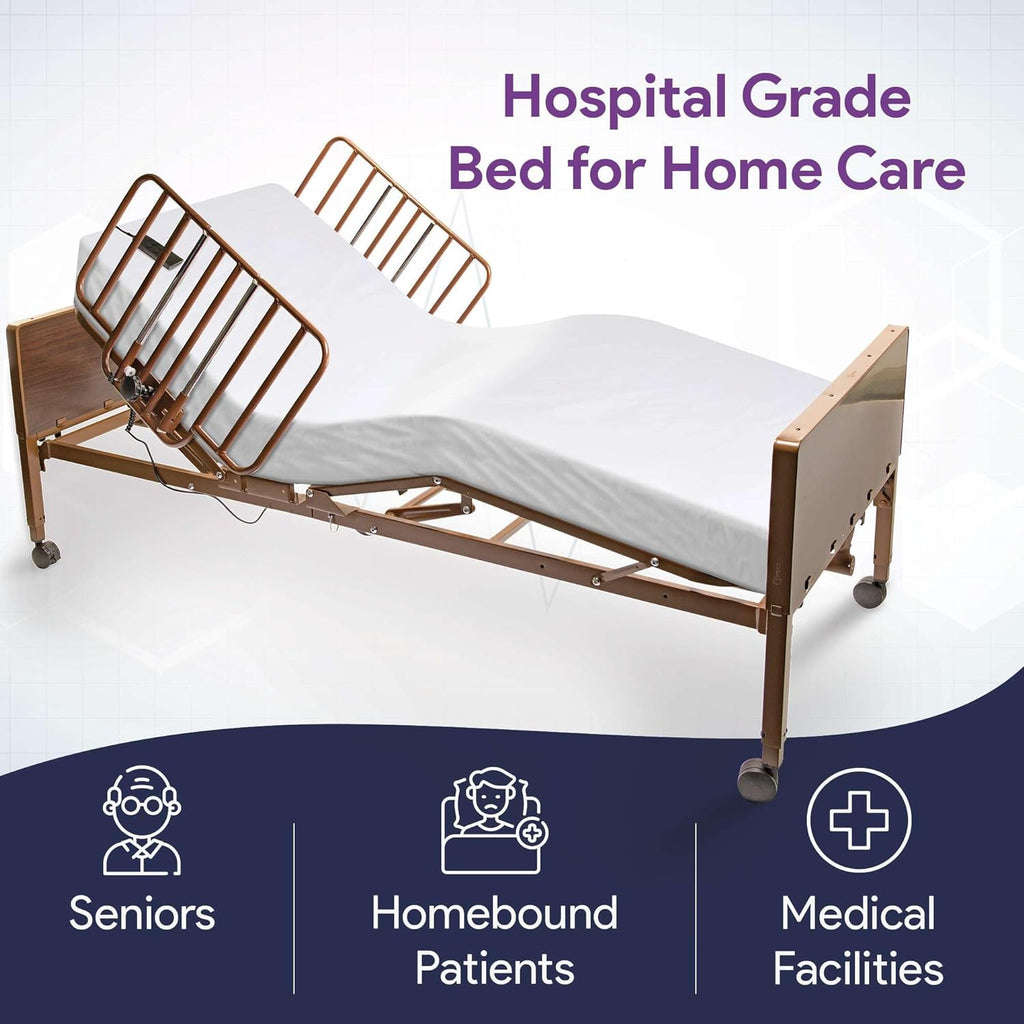 Semi Electric Hospital Bed for Home Use with Foam Mattress and Half Rails - Medical Bed for Long Term Care and