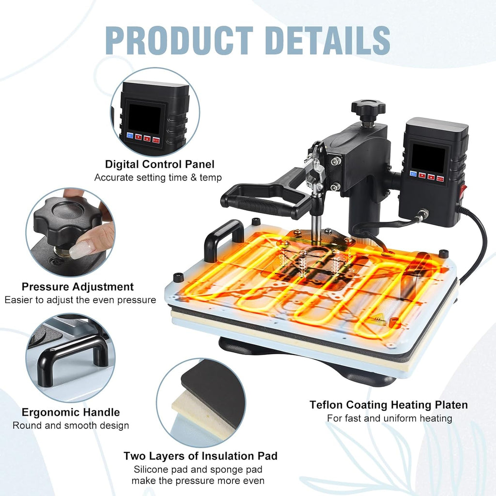 Heat Press Machine 12x15 Inch, 360° Swing Away 5 in 1 Heat Transfer Machine, Multifunctional Heat Transfer Press