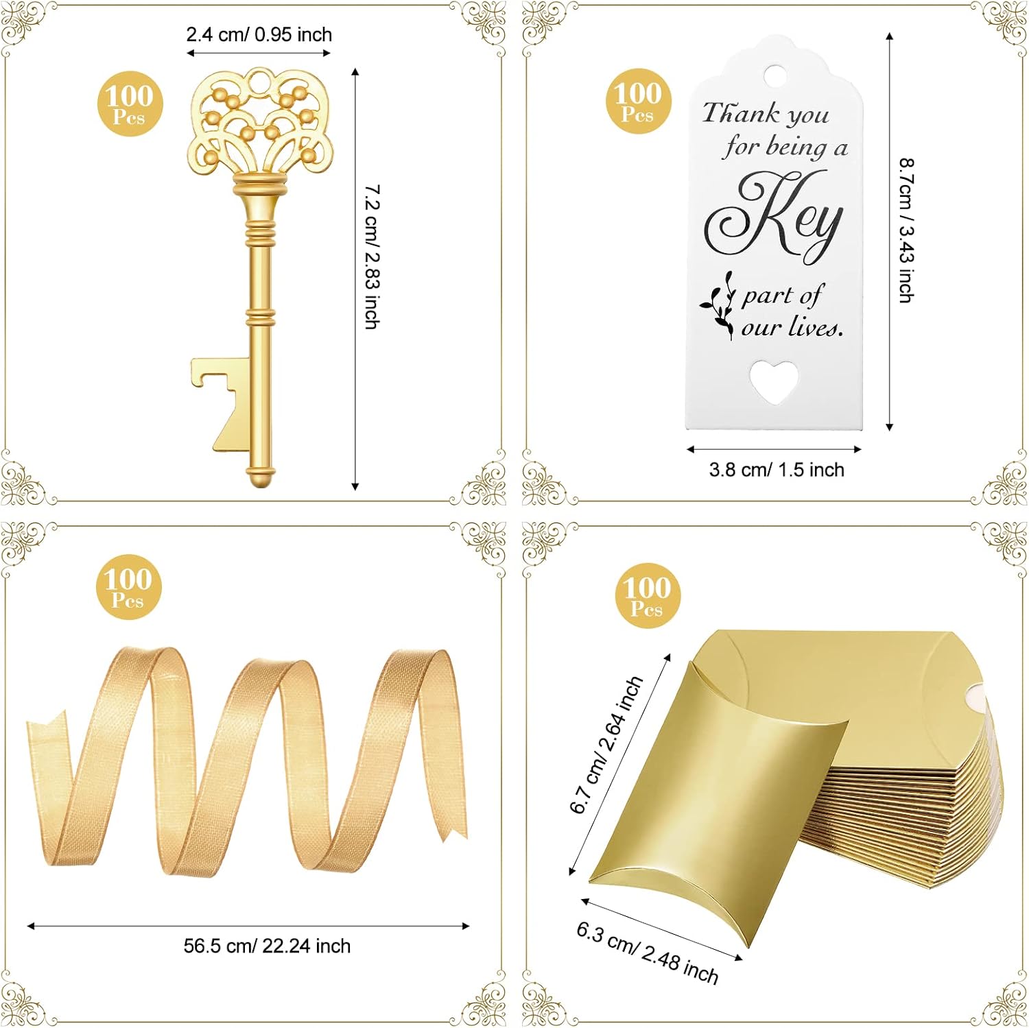 100 Sets Vintage Key Bottle Opener Wedding Favors, Wedding Party Souvenir Gift for Guests with Thank You Tag Card