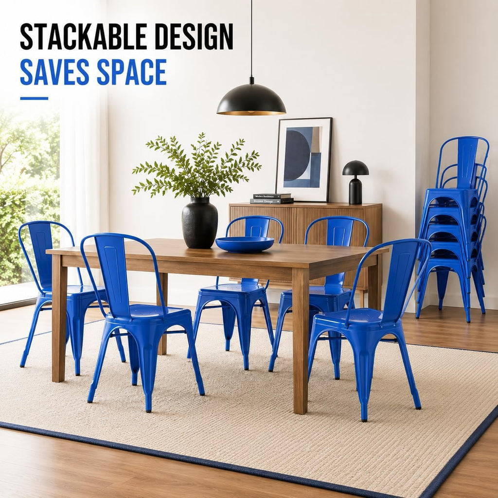 Modern Glossy Sapphire Blue Metal Dining Chairs, Set of 6