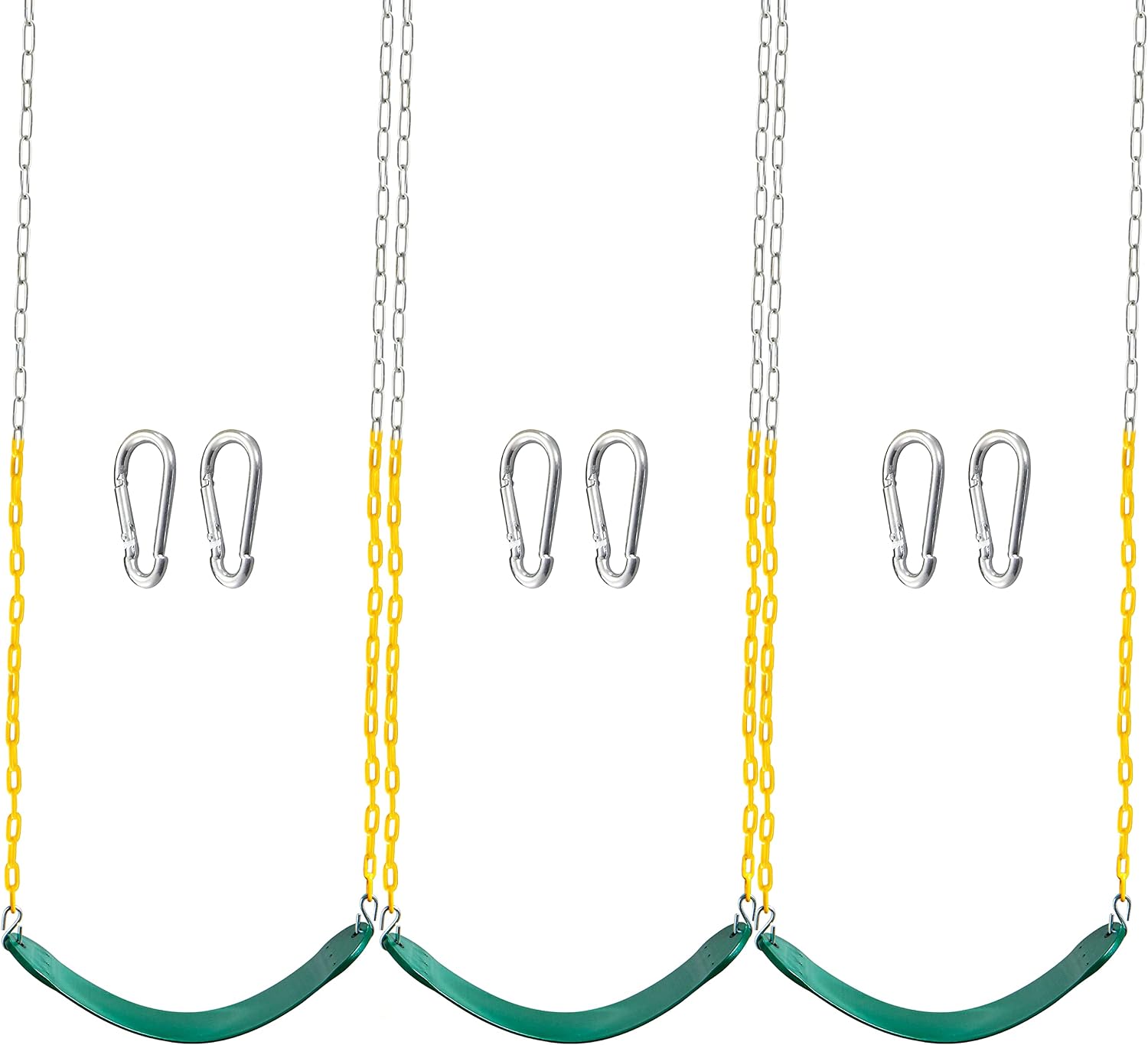 3 Pack Green Swing Seats Heavy Duty with 66" Chain, Swing Set Accessories Replacement with Snap Hooks for Kids