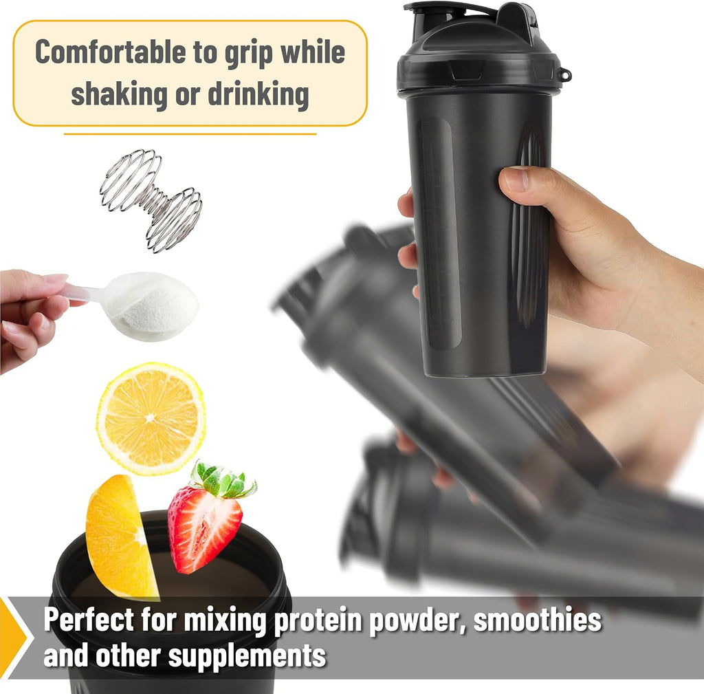 Shaker Bottles for Protein Mixes, 28 oz, Leak Proof | Shaker Cups with Stainless Steel Wire Whisk Ball for Protein
