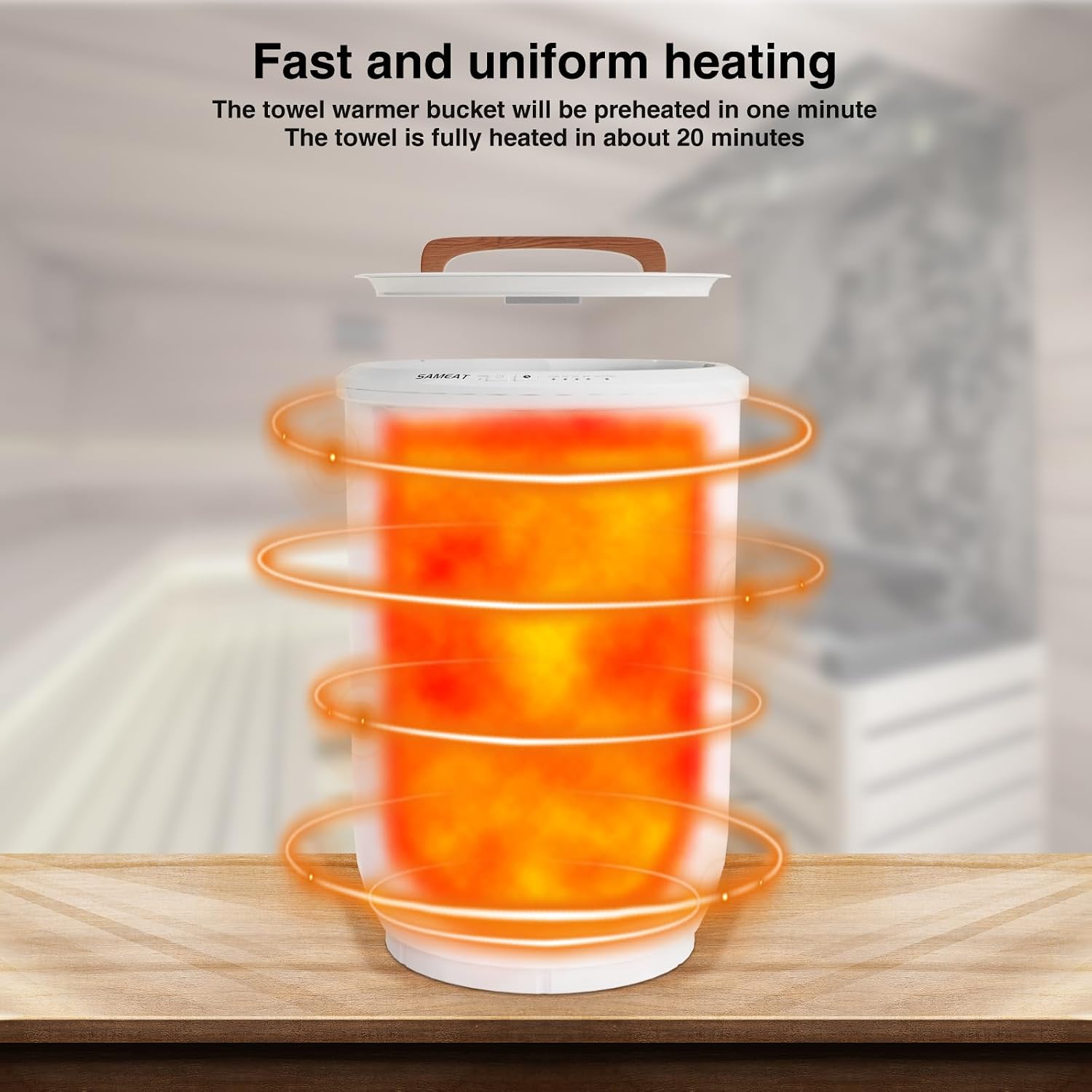 Heated Towel Warmers for Bathroom - Large Towel Warmer Bucket, Wood Handle, Auto Shut Off, Fits Up to Two 40"X70"