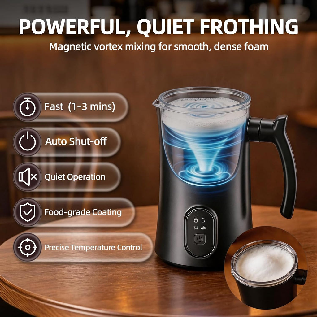 Milk Frother, 4-in-1 Coffee Frother with Hot & Cold Foam, Quiet Design Frother Machine for Latte, Cappuccino and