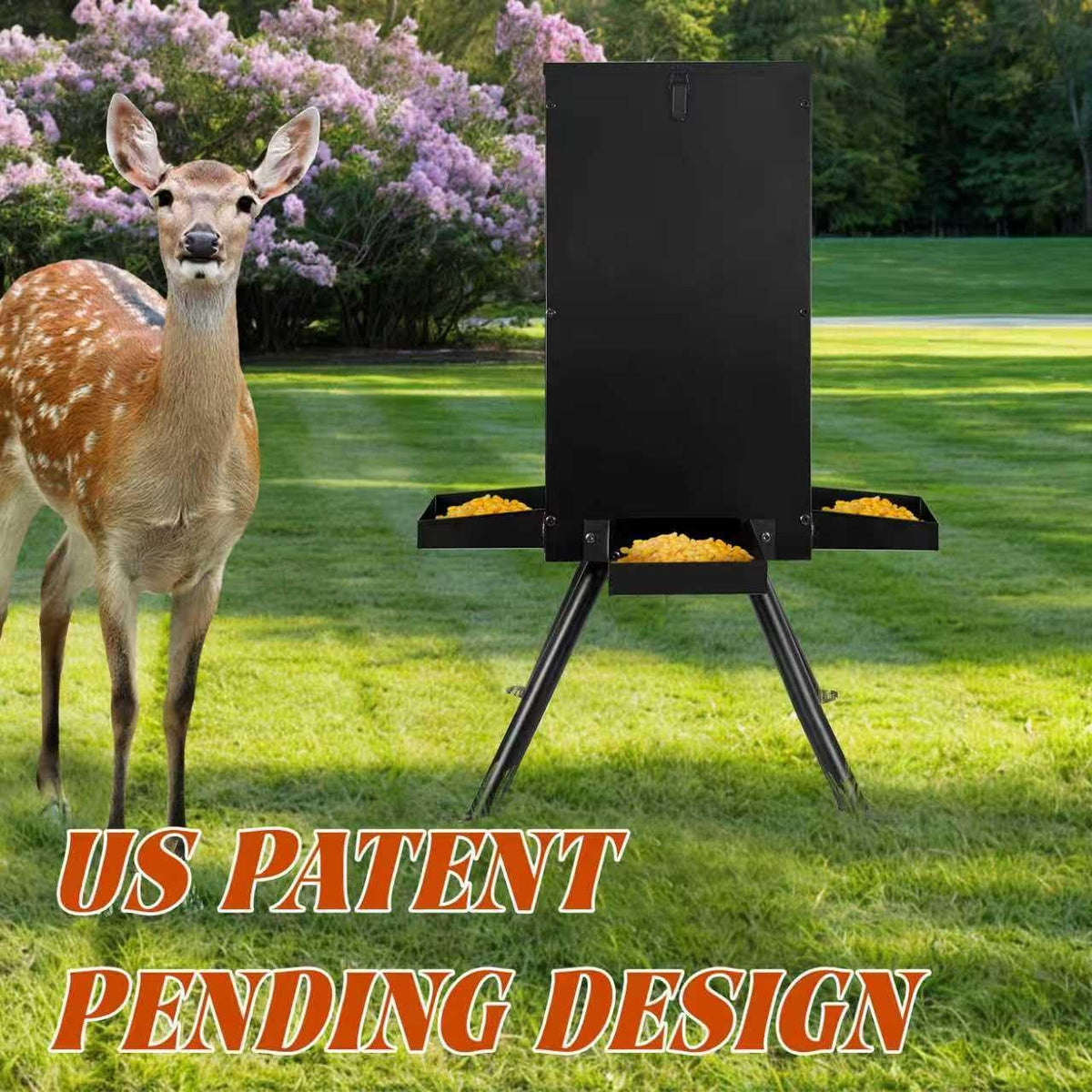 85lbs Deer Feeder, Weatherproof Deer Feeders with 4 Feeding Tray and 4-Leg Stand, Heavy Duty Metal Gravity Feeder for