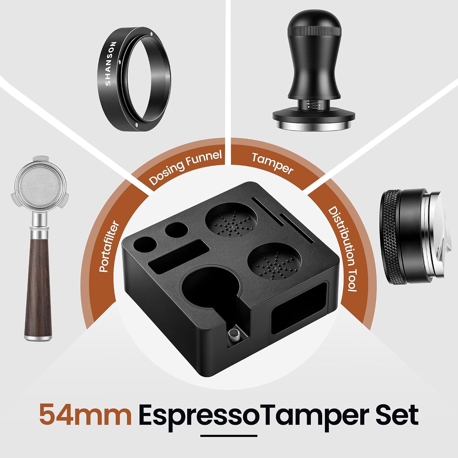 Espresso Accessories Kit with Station,54mm Compact Espresso Tamper Set,Espresso Tamper, Distributor, Bottomless