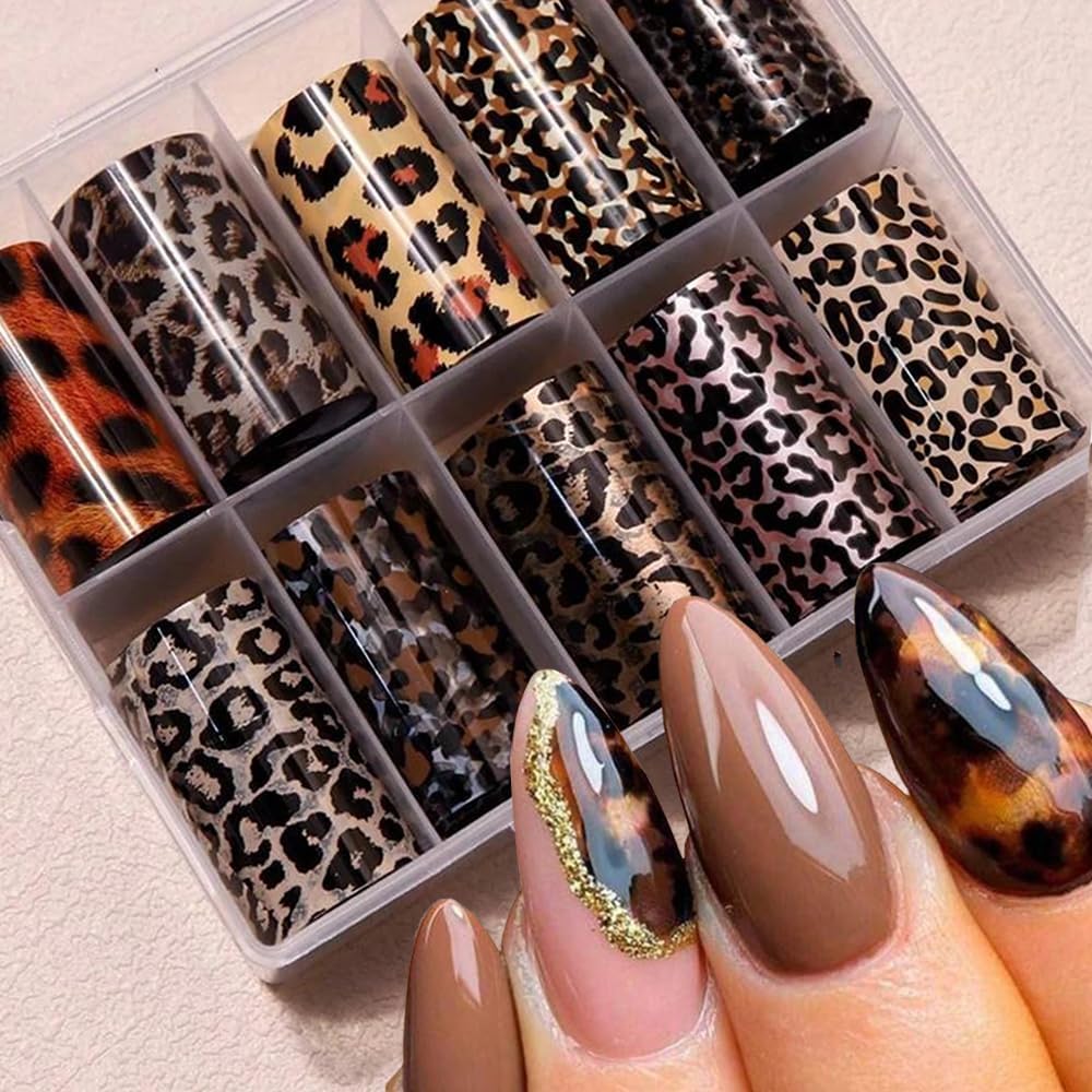 Leopard Print Nail Art Foils Transfer Stickers 10Pcs Leopard Snake Print Nail Foils Adhesive Decals Nail Supplies