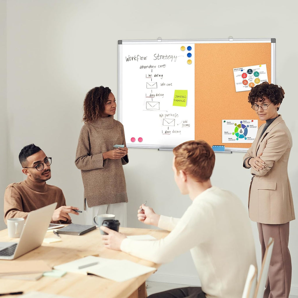 Combination Magnetic Whiteboard & Corkboard, 24"x18" Combo for School, Office & Home, Dry Erase Board with Removable