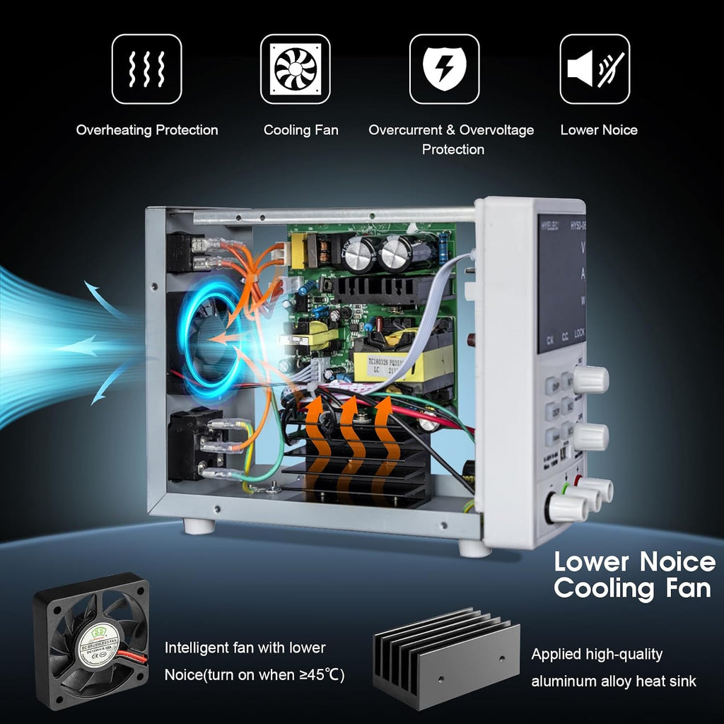 Variable DC Power Supply,0-50V 0-6A max150W Switching Regulated Bench Power Supply with Memory, 4-Digit LED Display, 5V2A USB Interface, Output Switch, Coarse and Fine Adjustments