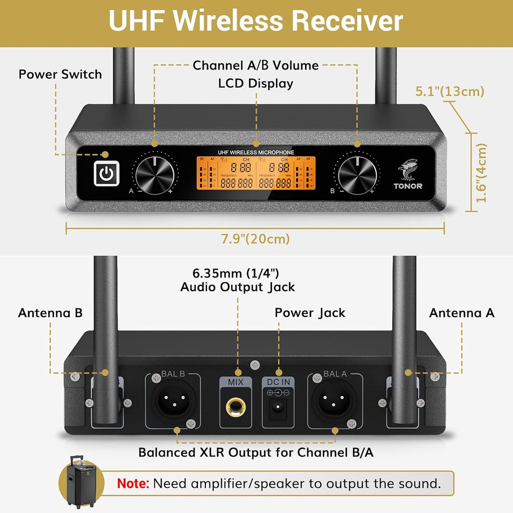 Wireless Microphones System, 2 * 15 Channel Dynamic Mics Silver*2 | UHF Handheld Metal Mic with Receiver, Pro