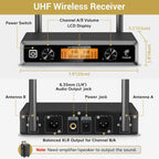 Wireless Microphones System, 2 * 15 Channel Dynamic Mics Silver*2 | UHF Handheld Metal Mic with Receiver, Pro