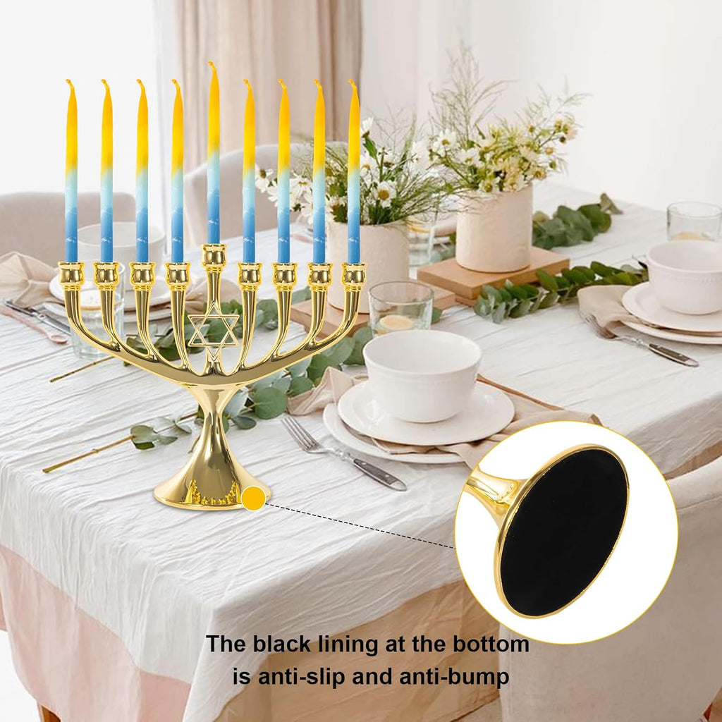 Hanukkah Menorah Upgrade Cups with Built-in Pins, Star of David Candle Holders 9 Branches Gold Plated Candlesticks