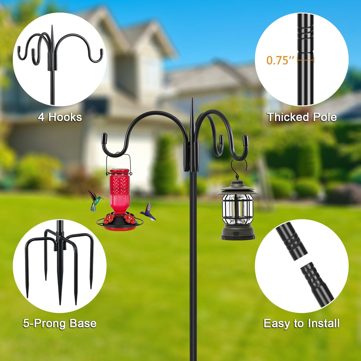 Heavy Duty Shepherds Hook 76" Triple Hooks - Metal 5-Prong Base, Adjustable (44/60/76") - 17lb Capacity Bird Feeder