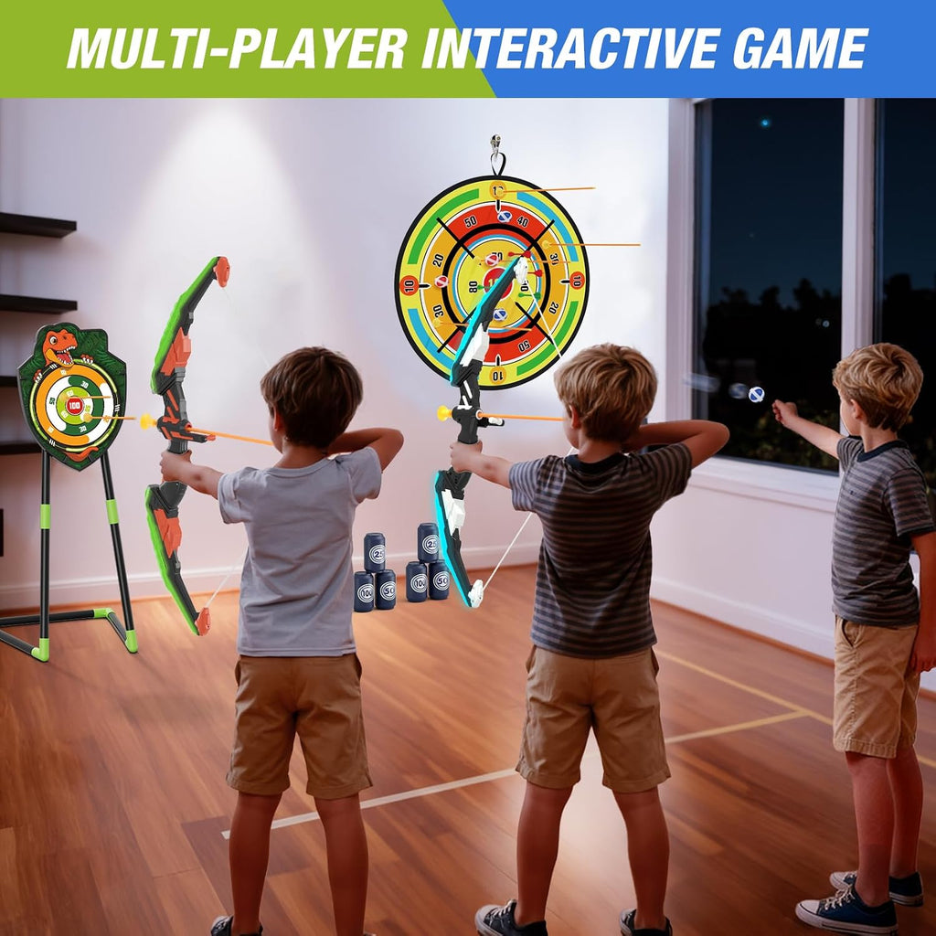 2 Pack Kids Bow and Arrow with 29" Large Dart Board & Dinosaur Target | Light Up Archery Set with 24 Suction Cup