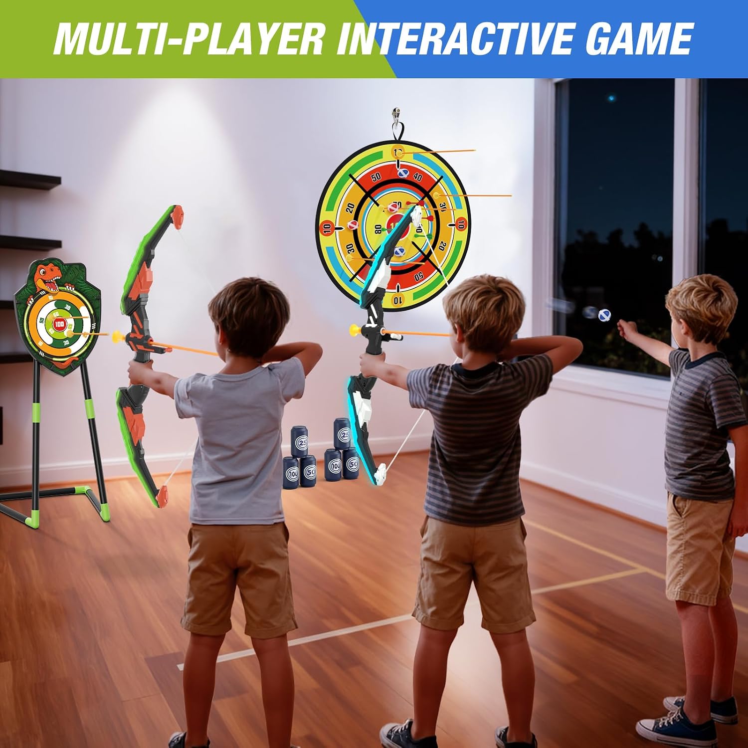 2 Pack Kids Bow and Arrow with 29" Large Dart Board & Dinosaur Target | Light Up Archery Set with 24 Suction Cup