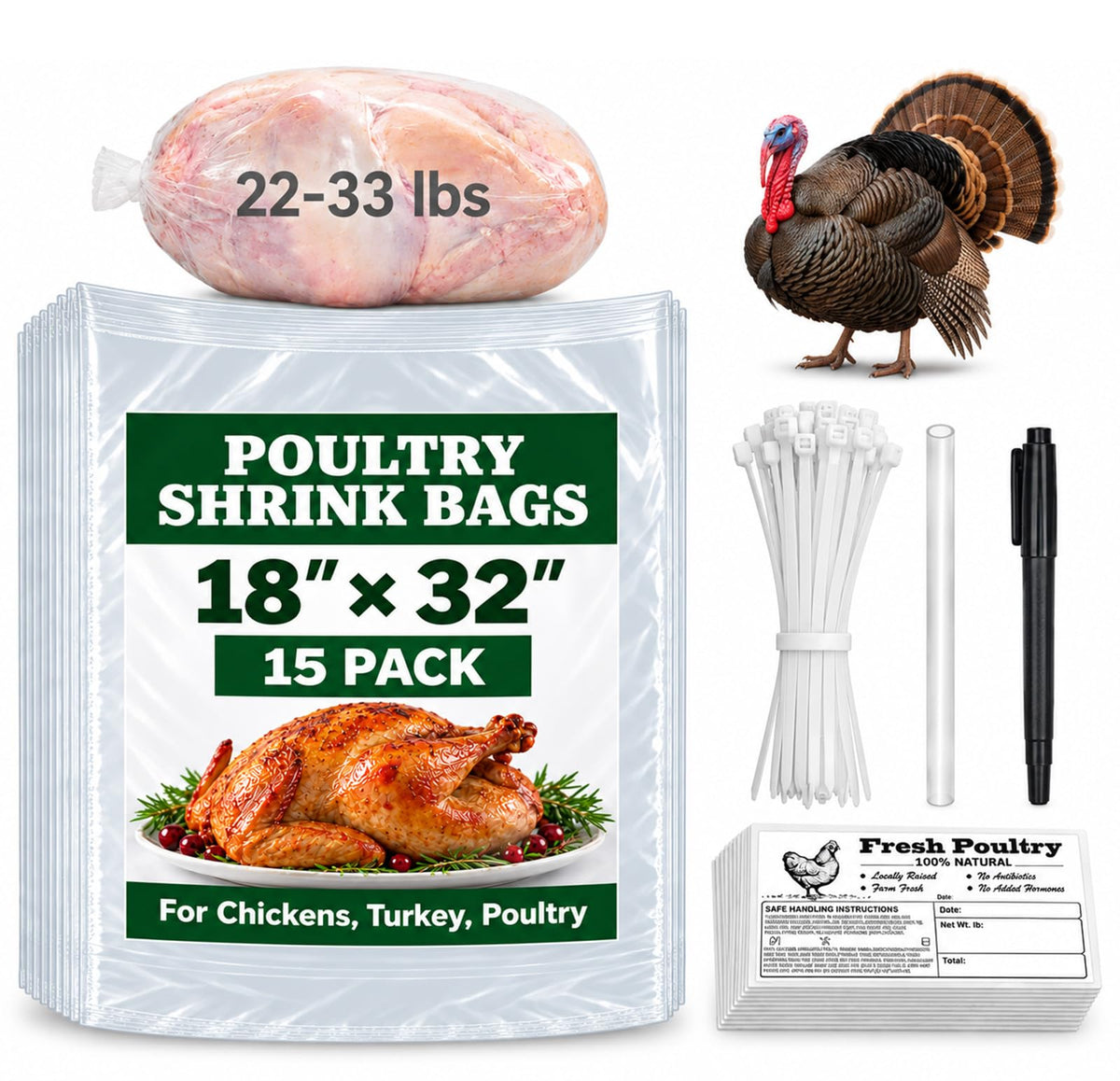 18"x32" Extra Large Turkey Shrink Bag for Freezer, 4.3 Mil, 15pcs
