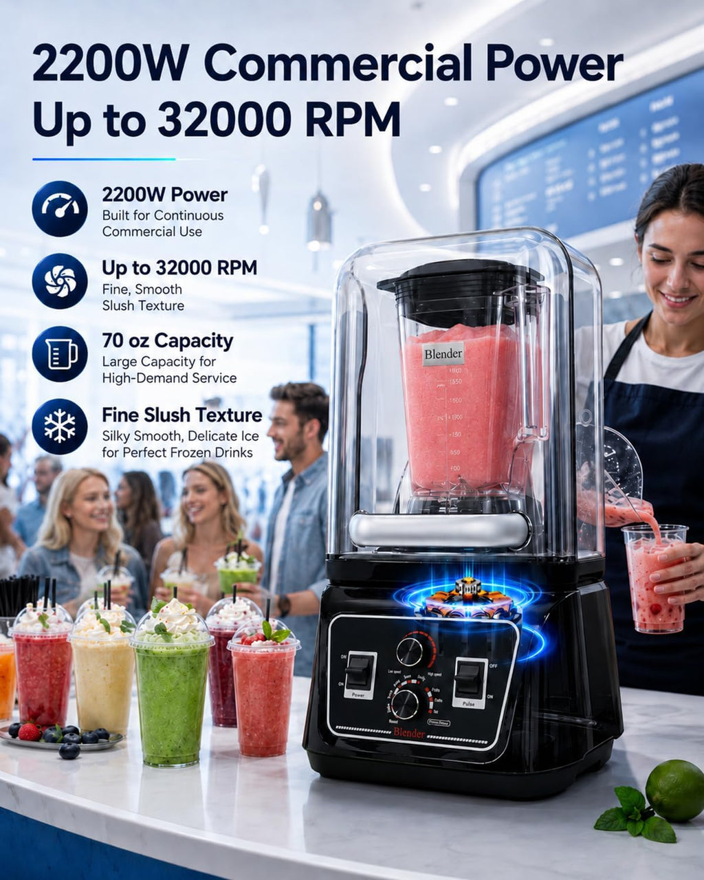 2200W Professional Commercial Blender Soundproof Enclosure 70 BPA-Free Jar