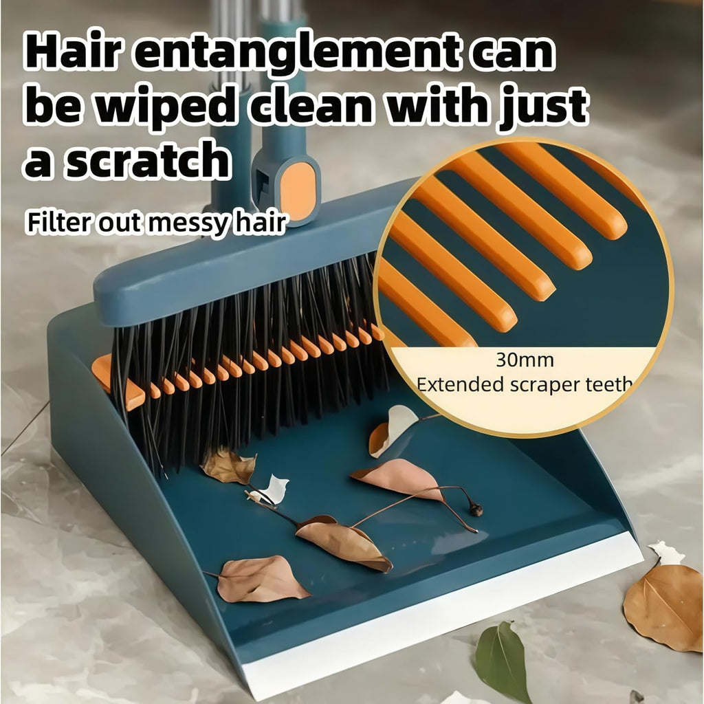 Broom and Dustpan Set, Long Handle Standing Broom with Self-Cleaning Comb Teeth, Heavy Duty Broom Dustpan Combo for