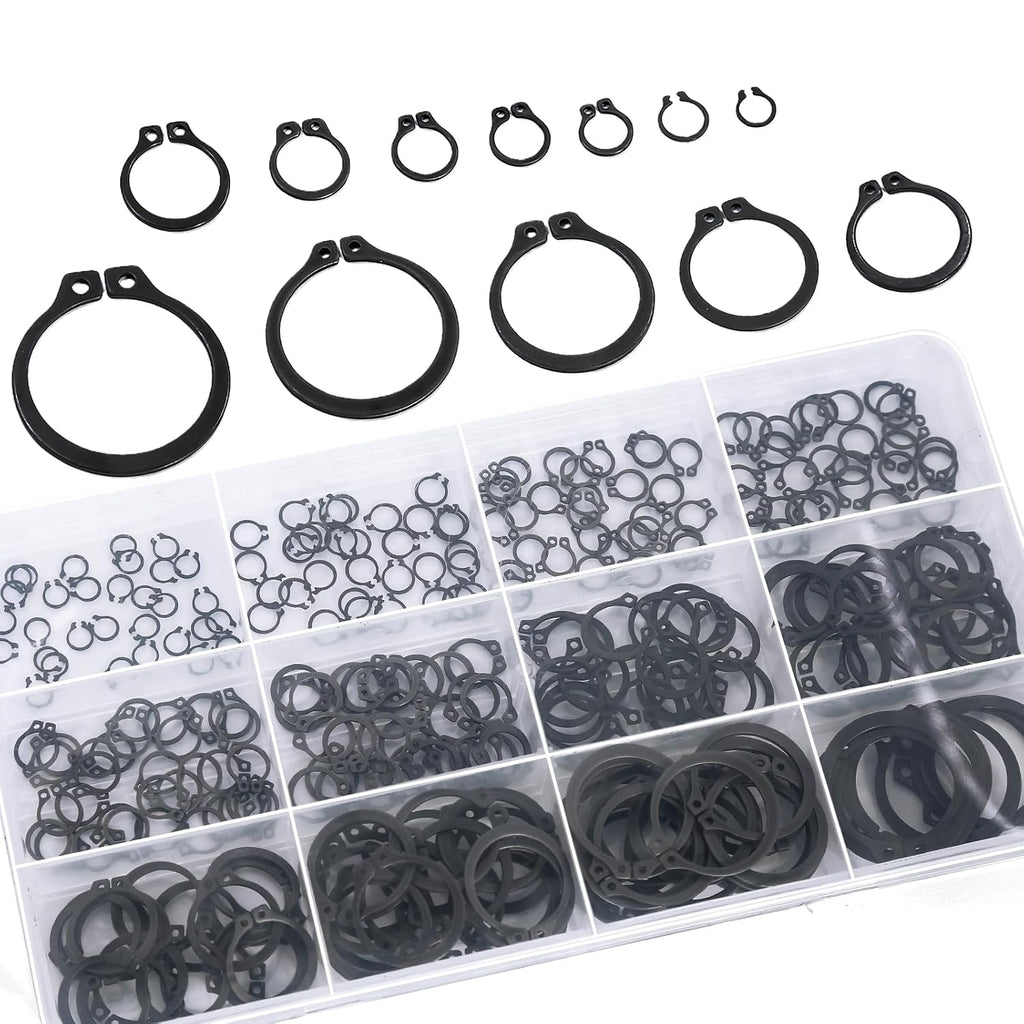 External Shaft Retaining Ring Assortment Kit, Black Carbon Steel Circlips, Multiple Sizes with Storage Case